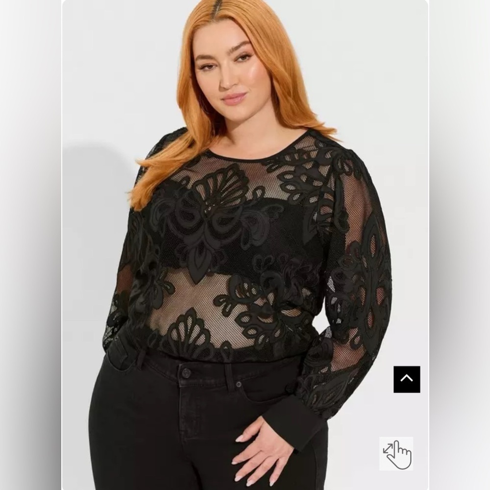 Torrid Mesh With Embroidery Long Sleeve Blouse Black Size 3
